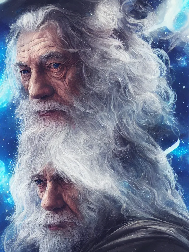 Prompt: Double Exposure Portrait of a Gandalf in space, dark fantasy, intricate, elegant, highly detailed, vivid color hues, digital painting, artstation, concept art, smooth, sharp focus, illustration, art by Sam Youn, Fernanda Suarez, Artem Demura