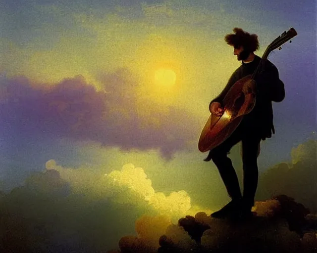 Image similar to A slightly silhouetted figure of a man with a guitar, clouds that look like mountains high in the sky, the clouds are a deep blue purple color with the sun blazing behind the clouds, art by Ivan Aivazovsky
