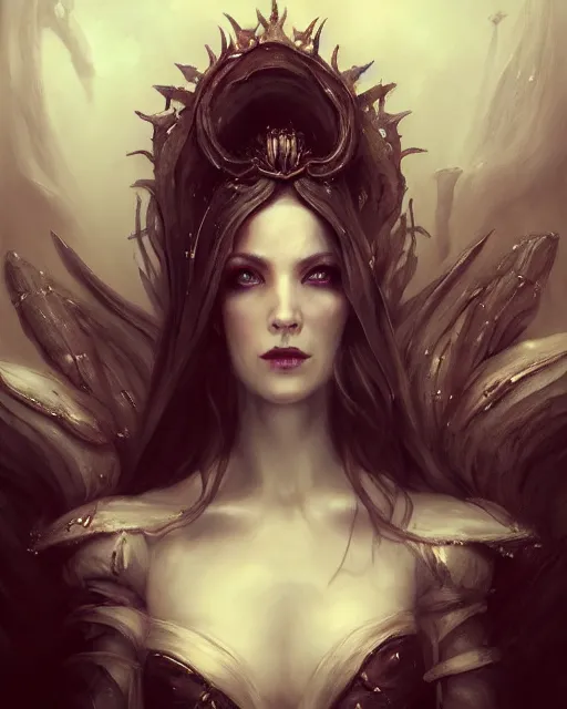 Image similar to bastien lecouffe deharme and wlop detailed portrait digital rococo painting of a beautiful serious villainess wearing fantasy clothing like liliana vess, villainess has black angel wings, evil mood, hellish battlefield in the background, unreal engine, embers flying, hyper realism, realistic shading, cinematic composition, blender render, octane render, ultrawide shot