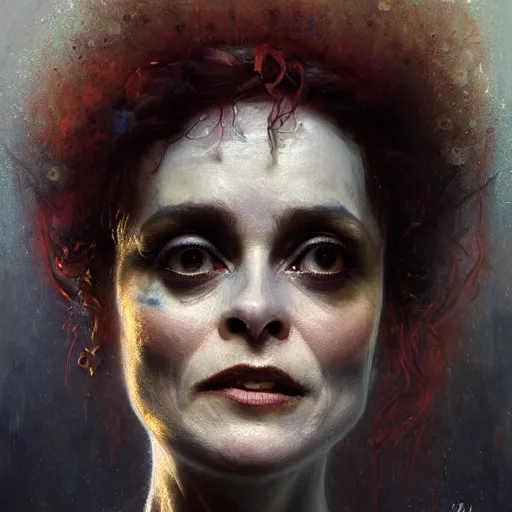 Prompt: expressive oil painting, alien dark fae girlboss based on helena bonham carter mixed with sigourney weaver, bumpy mottled skin painted, paint dripsliquid wax, by yoshitakab amano, by greg rutkowski, by jeremy lipkinng, by artgerm, digital art, octane render