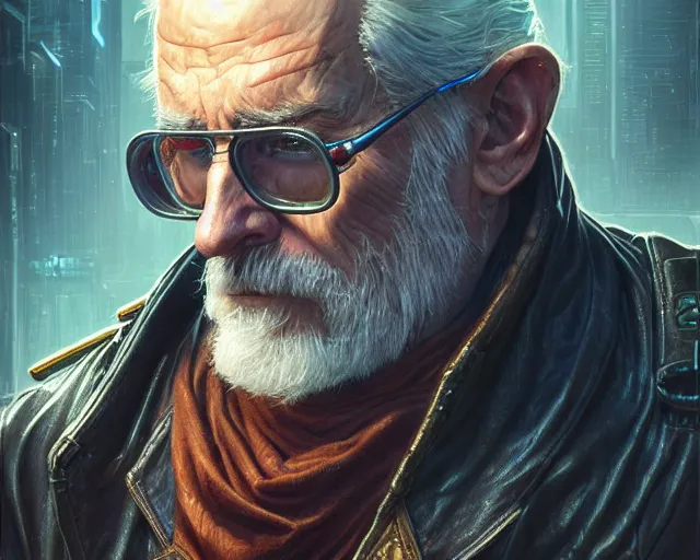 Image similar to old man with cyberpunk leather jacket, deep focus, d & d, fantasy, intricate, elegant, highly detailed, digital painting, artstation, concept art, matte, sharp focus, illustration, hearthstone, art by artgerm and greg rutkowski and alphonse mucha