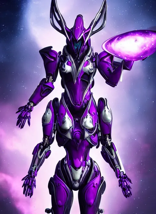 Image similar to detailed cinematic shot, cosmic sized perfectly proportioned stunning beautiful hot female warframe, detailed cyborg mecha female dragon head, metal ears purple eyes, silver armor, fuschia leds, floating in empty space, nebula sized, holding a planet, epic proportions, epic size, epic scale, furry art, dragon art, giantess art, warframe fanart, furaffinity, deviantart