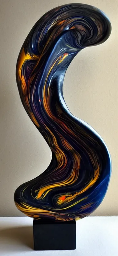 Image similar to epic, abstract sculpture of beautiful female face and black swirling marbling liquifying acrylic sculpture, clouds, golden hour, beautiful light, 3 d sculpture of carving marble, dark colors, dark mood, one point lightning