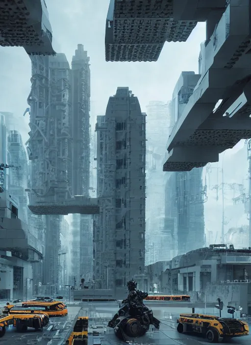 Image similar to A dystopian future in a city made of life-size Lego blocks, evil, demonic, angelic, environment concept, Rendered in Octane, trending on artstation, cgsociety, moody lighting rendered by octane engine, environment 8K artstation, cinematic lighting, intricate details, 4k detail post processing, hyperealistic, octane render, photo realism