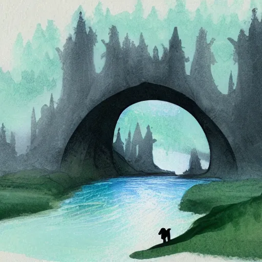 Image similar to magical tunnel inside the river and animals use it for crossing the river ,foggy ,dreamy , concept art trending on artstation, water color,