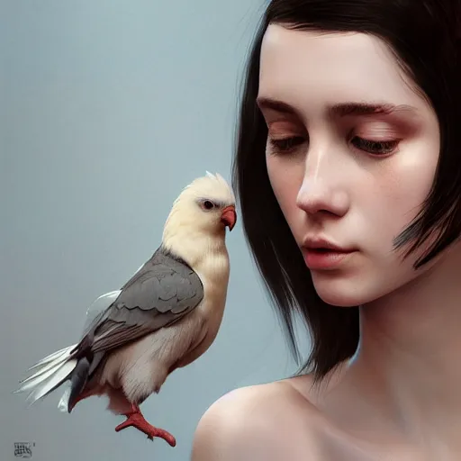 Prompt: a highly realistic, true to life portrait of a young woman playing with her pet cockatiel bird, sharp focus, by ilya kuvshinov, ruan jia, tom bagshaw, trending on artstation, cinematic lighting, hyper realism, octane render, 8 k, hyper