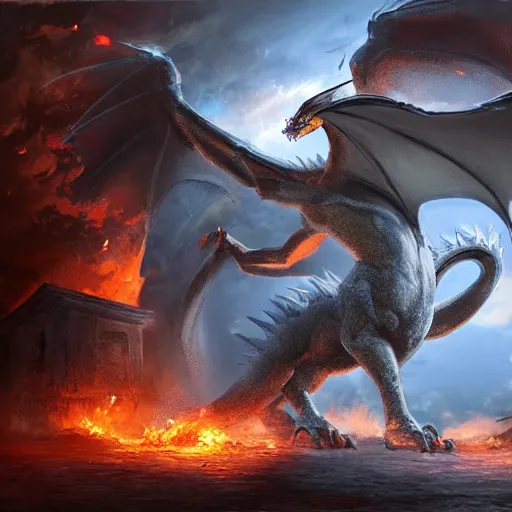 Prompt: illustration of a white dragon destroying a town with fire, realistic painting, high definition, digital art, matte painting, very detailed, realistic
