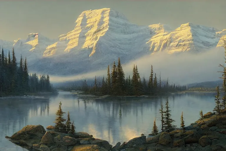 Prompt: an epic landscape painting of the three sisters mountains in canada, with snow on its peak, at sunrise in springtime, with the bow river in the foreground, painted by x, atmospheric, volumetric lighting, rolling fog, breathtaking, highly detailed, painted by ted nasmith