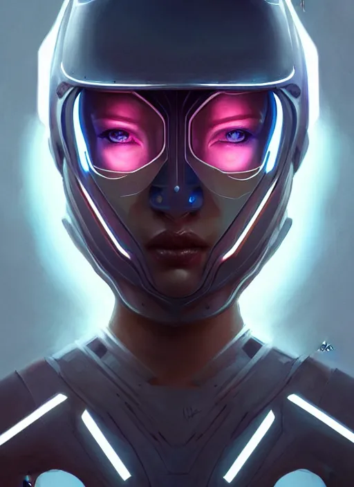 Image similar to symmetry!! portrait of side!! of a female character with helmet fantasy, sci - fi, tech wear, glowing lights!! intricate, elegant, highly detailed, digital painting, artstation, concept art, smooth, sharp focus, illustration, art by julian del rey and greg rutkowski