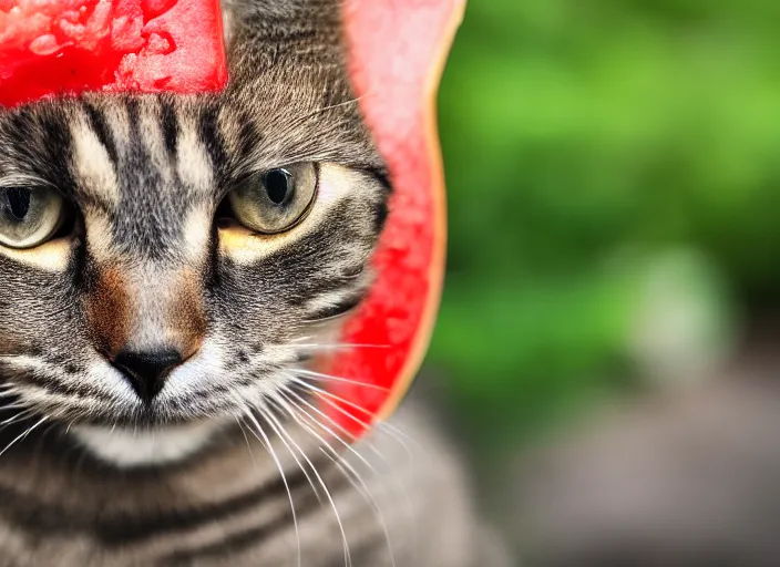 Image similar to photo of a cat wearing a helmet made of a watermelon. fantasy horror style. highly detailed 8 k. intricate. lifelike. soft light. nikon d 8 5 0 5 5 mm. dof. cinematic post - processing.