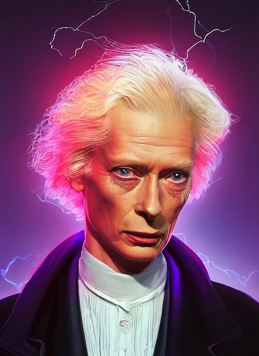 Prompt: formal portrait of tilda swinton as doc brown from back to the future. lightning background. digital art by eugene de blaas, ross tran, and nasreddine dinet, vibrant color scheme, intricately detailed, in the style of romanticism, cinematic, lighting background, artstation, greg rutkowski