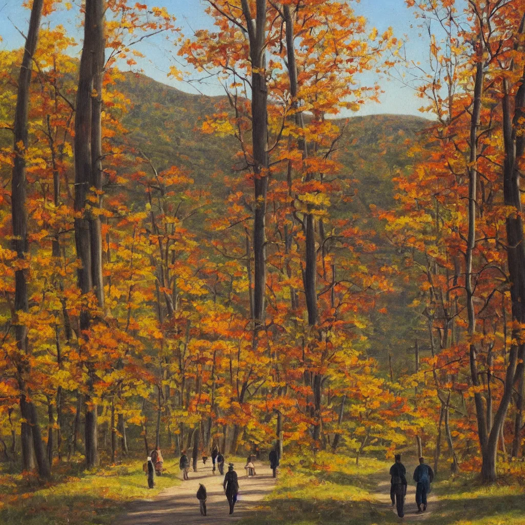 Image similar to 1 9 4 0 s american realist oil painting of walking together in the late afternoon light of gatineau park in october