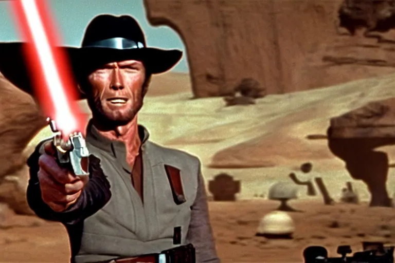 Prompt: film still of clint eastwood aiming a colt handgun in star wars. inside tatooine bar. 4 k