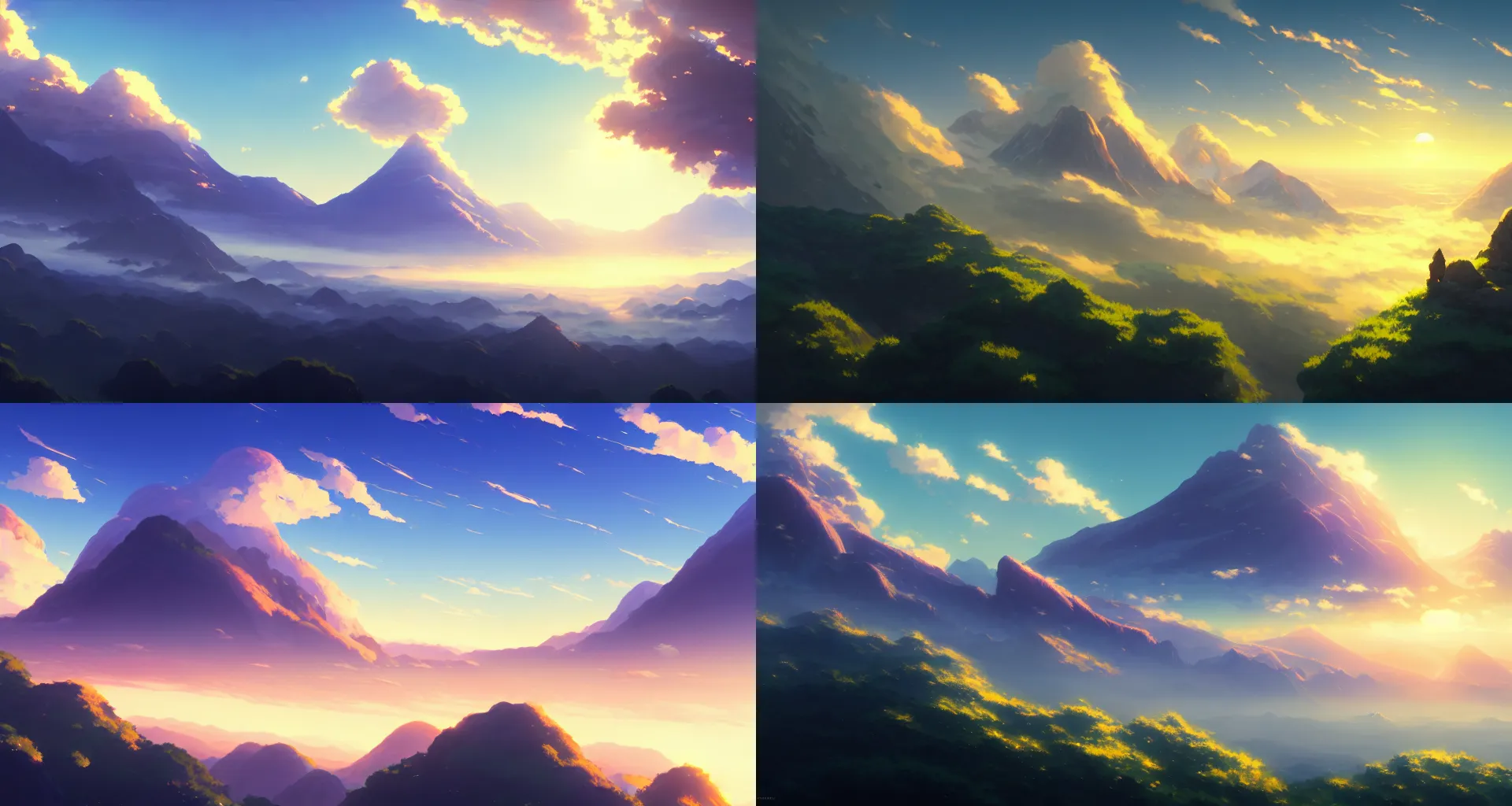 Prompt: highly detailed photo of dreamy mountains and sea of clouds, sunlit sky, art by makoto shinkai and andreas rocha, super wide angle, concept art, 8 k detail post - processing