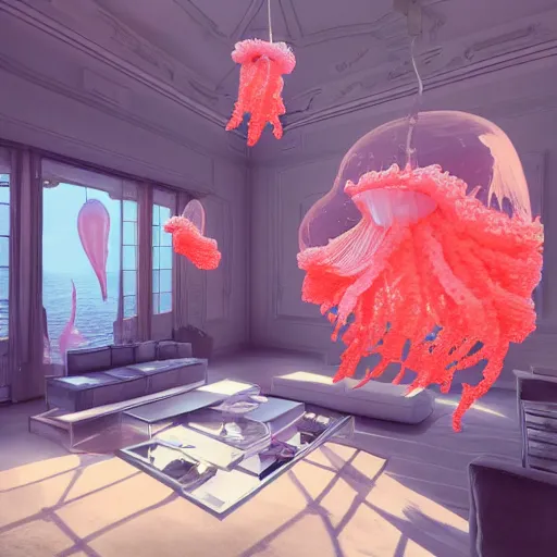 Image similar to photo of the modern fashionable room as aquarium with a chandelier as a big jellyfish, beautiful corals on the walls and dangerous sharks on the big panoramic window, realism, sharp details, cinematic, a lot of gleans, under the ocean, realistic colors, realistic shadows, daylight by beeple and by greg rutkowski