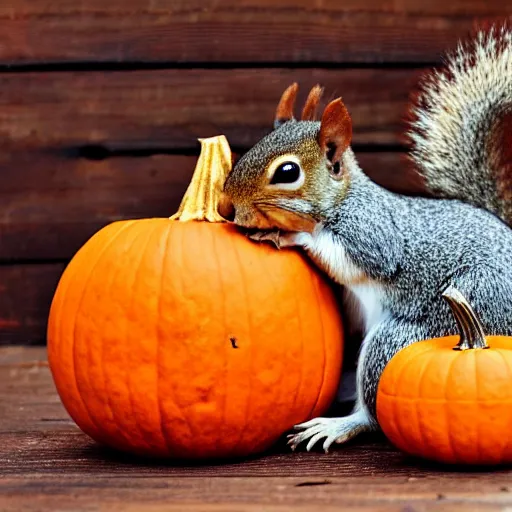 Prompt: squirrel with pumpkin instead of a head