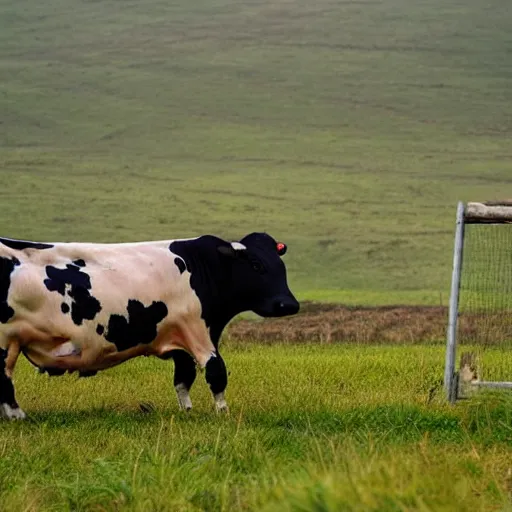 Image similar to cow running from a cage to a countryside