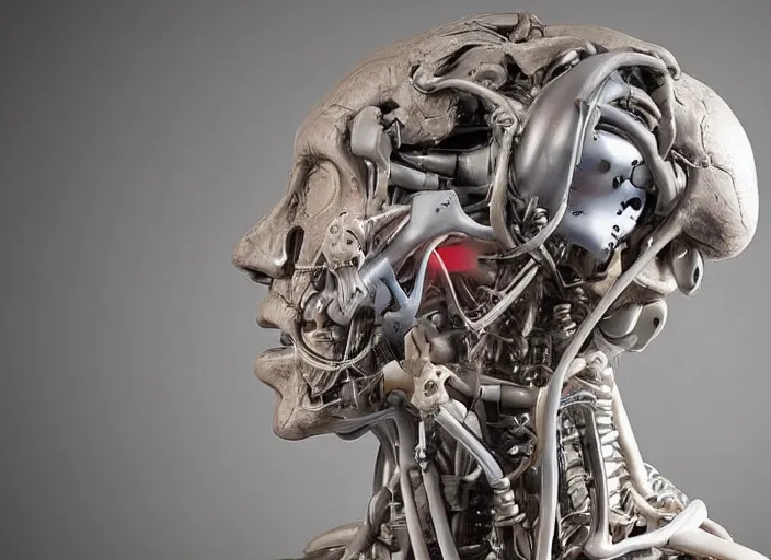 Image similar to a bust sculpture of anatomical cyborg, ceramic base, studio lighting