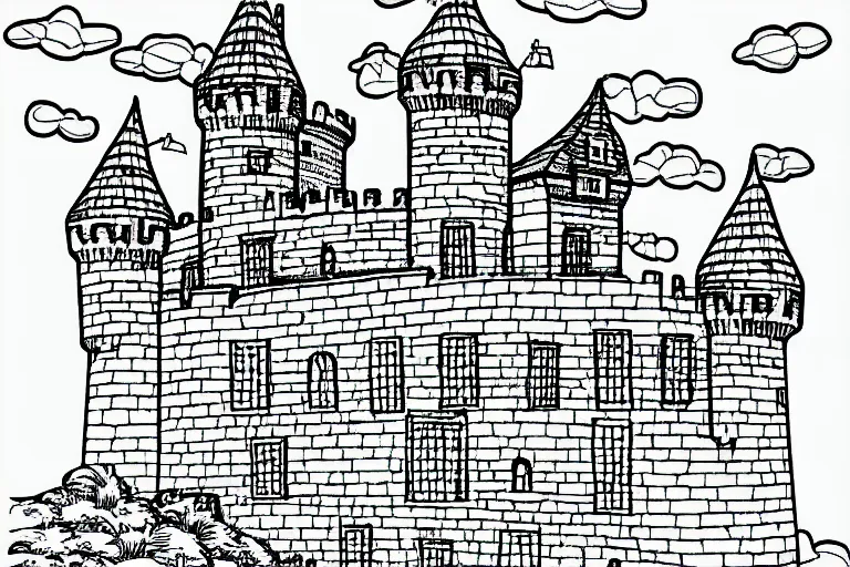 Prompt: an old castle on a seaside cliff coloring book, line art, simple, low detail