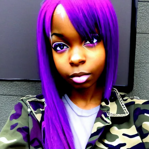 Image similar to black anime manga girl, wearing camo, purple eyes, white french bob