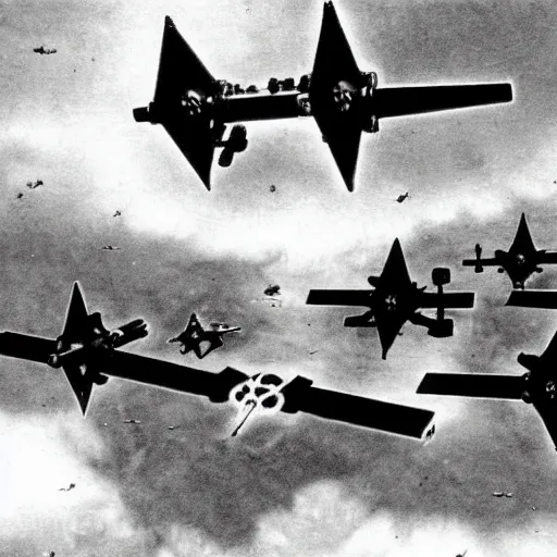 Image similar to an old ww2 photograph of star wars TIE fighters, AT-AT, WW2 planes fighting