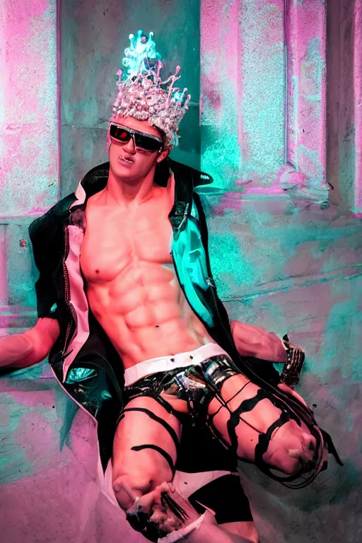 Image similar to full-body rococo and cyberpunk style neon statue of a muscular attractive Tanner Buchanan wearing cholo shades macho dotado e rico android sim roupa reclining con las piernas abertas e la piroca dura, ethereal white dripping tar, glowing orange lasers, pink tigers, glowing eyes, silver prince crown, black gears, pink diamonds, swirling mint-colored silk fabric. futuristic elements. full-length view. human skulls. large intricate artwork by caravaggio. Trending on artstation, octane render, cinematic lighting from the right, hyper realism, octane render, 8k, depth of field, 3D