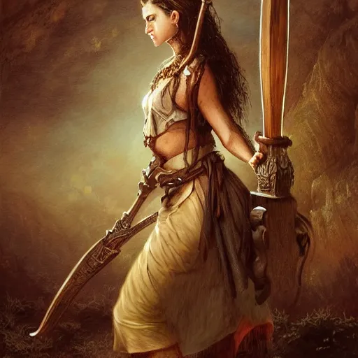 Image similar to artstation concept of a beautiful girl holding a sword in both hands, brown skin, sweaty skin, symmetrical face, casual white garment, brown canyon background, shiny colorful, hyperdetailed, artstation trending, world renowned artists, worth1000.com, historic artworks society, antique renewel, cgsociety, by greg rutkowski, by Gustave Dore, Deviantart