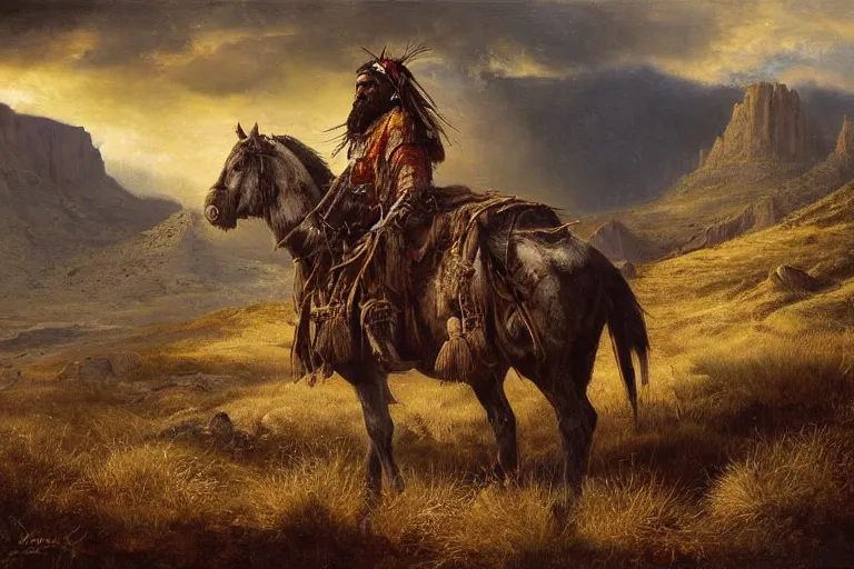 Image similar to a full length extremely detailed masterpiece painting of one rugged warrior american native ute with a feather in his head - ban sitting on his painted war horse surveying a rugged utah mountains, in the style of charles marion russell, insanely detailed, extremely moody lighting, glowing light and shadow, atmospheric