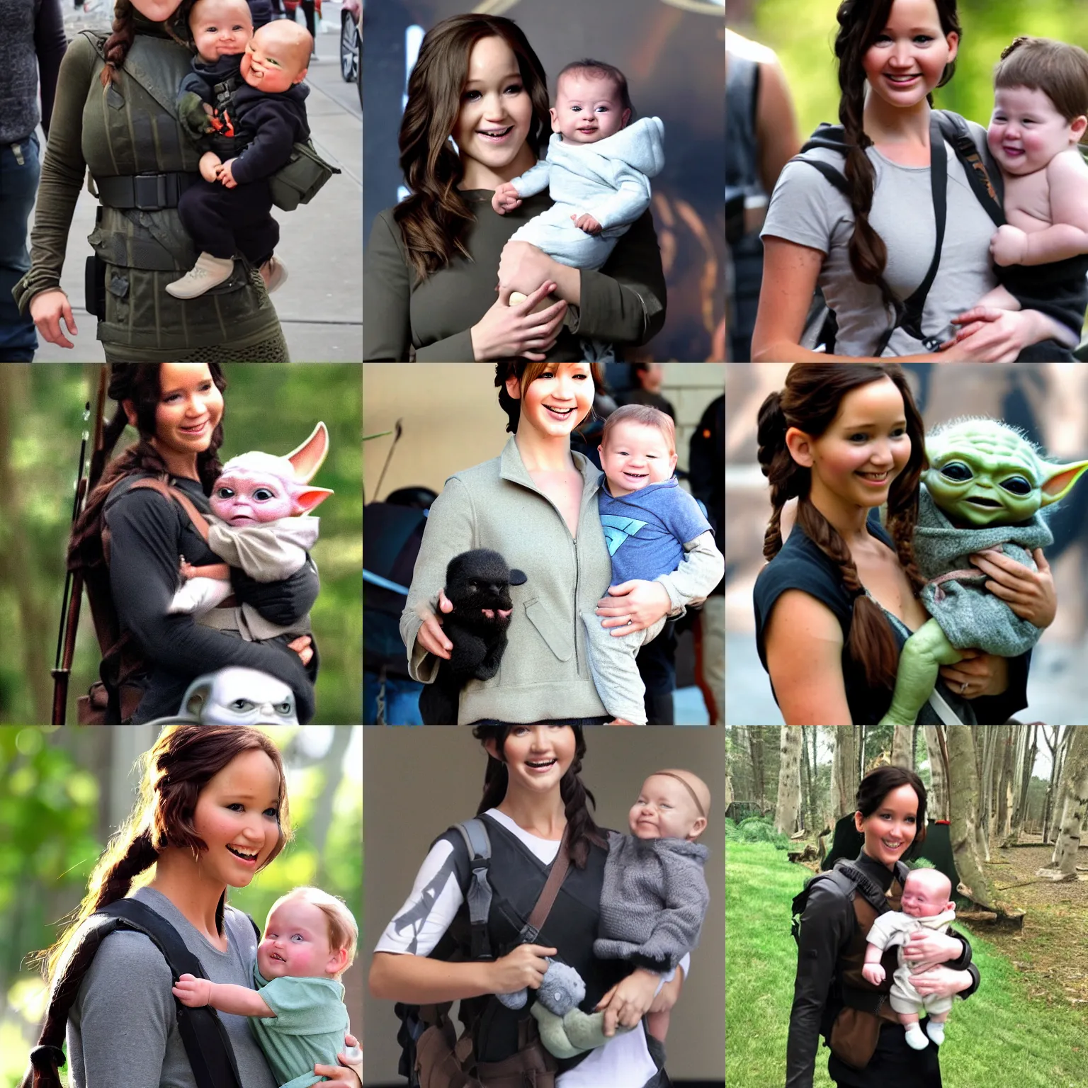 Prompt: Katniss Everdeen carrying Baby Yoda, both smiling for the camera