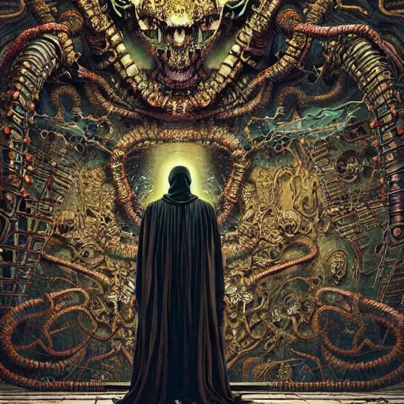 Image similar to Beksiński symmetric frame of dr doom from Prometheus movie, cyborg dr doom in ornate armour, byguo pei and alexander mcqueen metal couture editorial, eldritch epic monumental wallpaper by beksinski by Yuko Shimizu