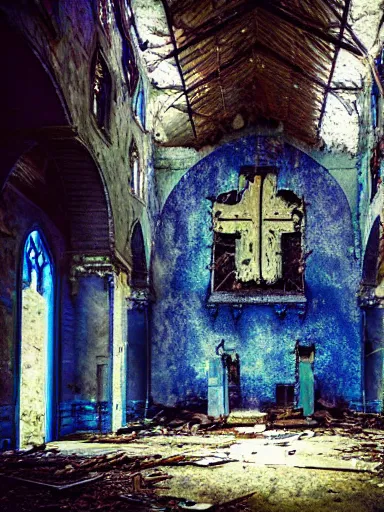 Image similar to interior of an abandoned, overgrown church, blue color palette, photo, digital art, detailed, intricate complexity, artstation