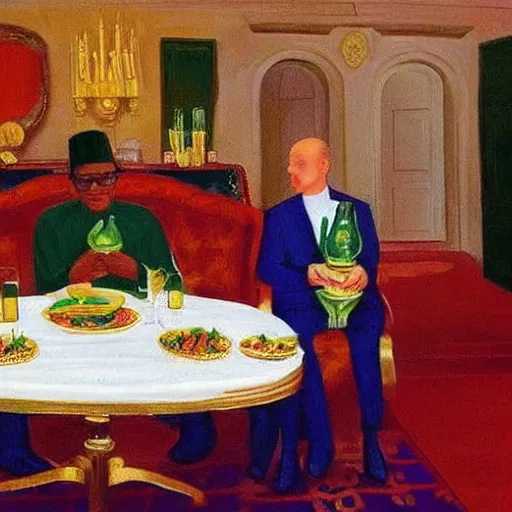 Prompt: president muhammadu buhari sitted at a lavish banquet with shiny trays and dishes with food minimalist solid background the great feast regal ornamental, iridescent in the style of edward hooper and henri matisse oil painting