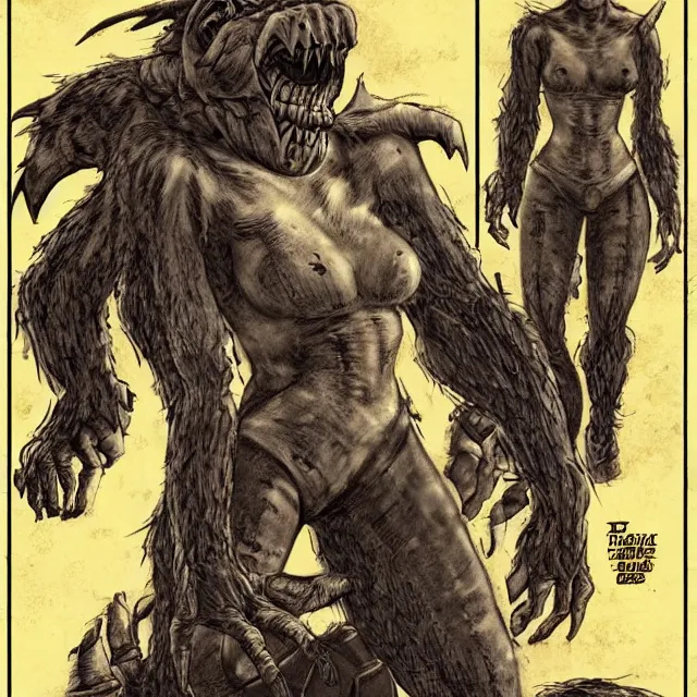 Image similar to a monstrous female humanoid glowing deathclaw dressed like a homeless person in the style of a vintage comic books trending on artstation deviantart pinterest detailed realistic hd 8 k high resolution