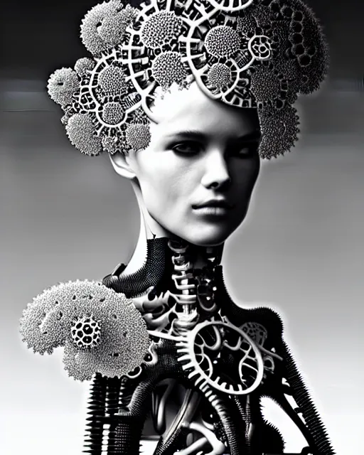 Image similar to black and white photo portrait of complex biomechanical young female cyborg with a mandelbrot fractal face, silver hair, 150 mm lens, soft rim light, fine foliage super big lace collar, Alexander McQueen, high fashion, haute couture, rococo, steampunk, silver filigree details, anatomical, facial muscles, cable wires, microchip, elegant, hyper realistic, octane render, unreal engine, by Man Ray and Dora Maar, volumetric lighting, 8k,