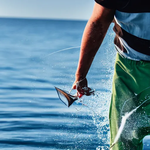 Image similar to closeup of a fish jumping out of the water as a fisherman reels him in