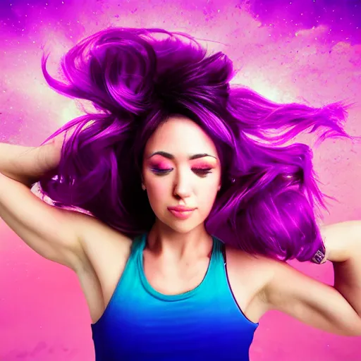 Image similar to a award winning upper body portrait of a beautiful woman in a tanktop with a ombre purple pink hairstyle with head in motion and hair flying, outrun, vaporware, vivid colors, highly detailed, fine detail, intricate