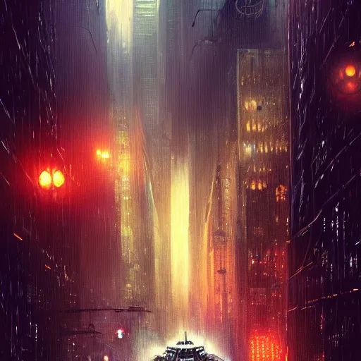 Prompt: nighttime in gotham city, an x-wing spaceship flies down the street, wet pavement, street level view, light mist, fantasy, intricate, elegant, digital painting, trending on artstation, concept art, soft focus, illustration by greg rutkowski, Gaston Bussiere and artgerm, 4k.