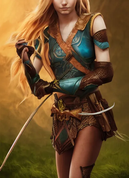Prompt: An epic fantasy comic book style portrait painting of a young girl with long blonde hair and blue eyes. Wearing brown, green and pink leather tribal combat clothes. She is holding hunting bow. Unreal 5, DAZ, hyperrealistic, octane render, cosplay, RPG portrait, dynamic lighting