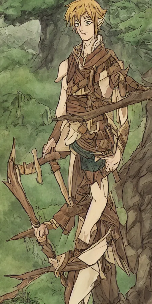 Image similar to an wood elf boy getting ready for an high fantasy adventure on the mountain side, anime style, tarot card, Tarot card the fool, fine line work