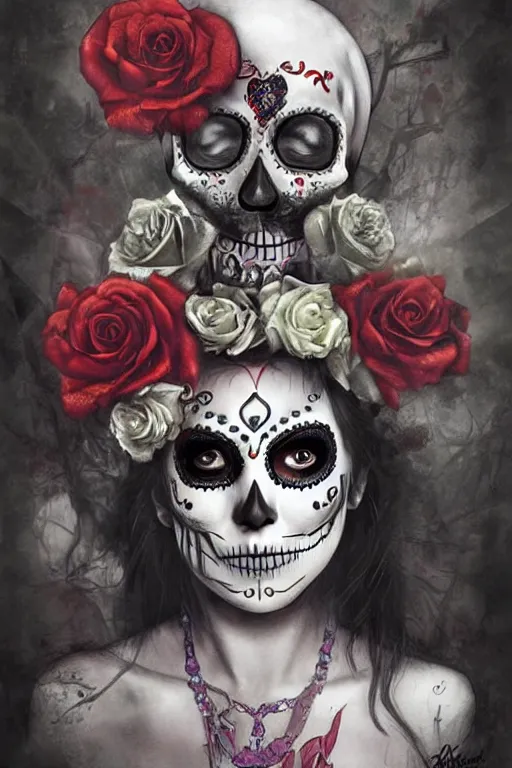 Prompt: illustration of a sugar skull day of the dead girl, art by aleksi briclot