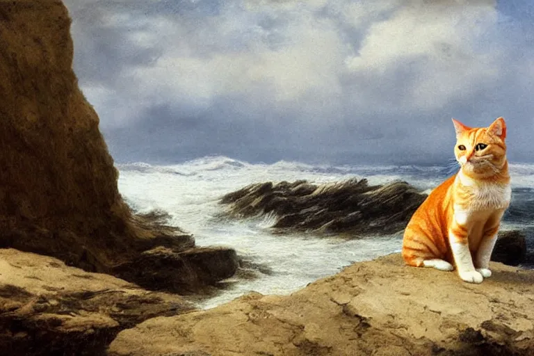 Image similar to orange tabby cat sitting on a rock looking over the ocean, realistic lighting, highly detailed, rule of thirds, by charles angrand, peder balke