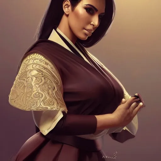 Image similar to kim kardashian in メイト 服 japanese maid uniform, intricate, elegant, highly detailed, digital painting, artstation, pixiv, concept art, smooth, sharp focus, illustration, art by artgerm and greg rutkowski and alphonse mucha