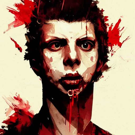 Image similar to portrait of Michael Cera with an angry expression, blood covering his face, wearing a leather jacket, dramatic lighting, illustration by Greg rutkowski, yoji shinkawa, 4k, digital art, concept art, trending on artstation