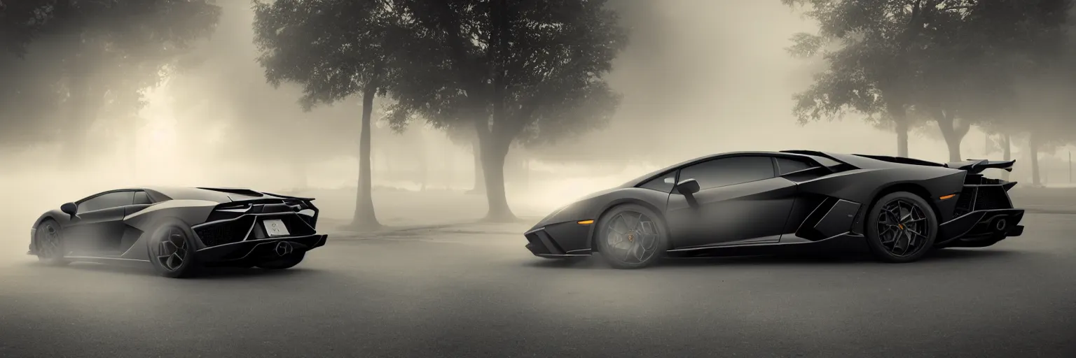 Image similar to parked lamborghini sian, fog, volumetric lighting, beautiful, golden hour, golden ratio, sharp focus, highly detailed, cgsociety