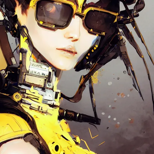 Prompt: highly detailed portrait of a stunning post-cyberpunk robotic young lady with long wavy hair by Dustin Nguyen, Akihiko Yoshida, Greg Tocchini, Greg Rutkowski, Cliff Chiang, 4k resolution, persona 5 inspired, vibrant yellow ,brown, white and black color scheme with stray wiring