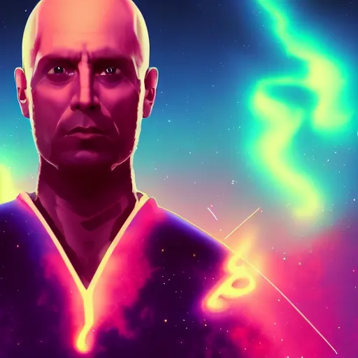 Image similar to portrait of a bald man, synthwave, universe background, nebula, galaxy, artstation