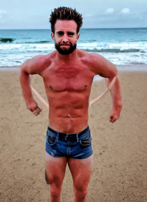 Image similar to professional photo of masculine and brutal bart simpson on the beach at noonday, blur background