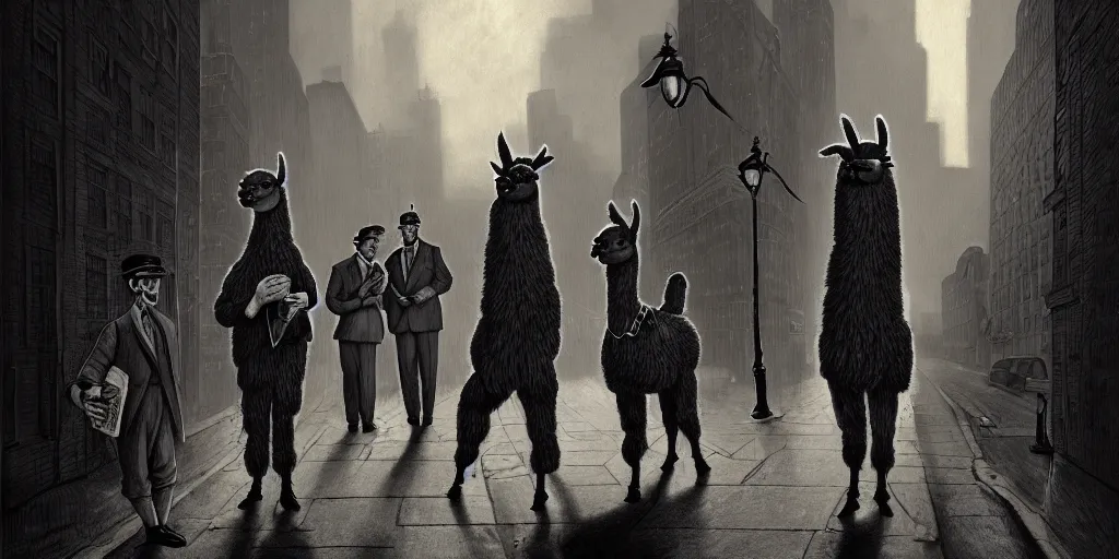 Image similar to a personified anthro llama ( with llama face ) wearing a 1 9 4 0's noire detective outfit, standing in the streets of chicago at night looking at a crime scene, d & d, fantasy, intricate, artstation, sharp focus, illustration, gustave dore, caravaggio,