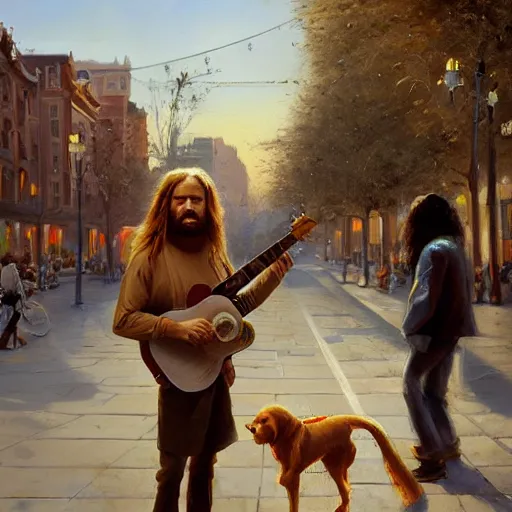 Image similar to oil painting of a young man with long hair blond and a beard hippie style with his golden retrever dog playing guitar in the square for money, people watching around, by greg rutkowski, artstation