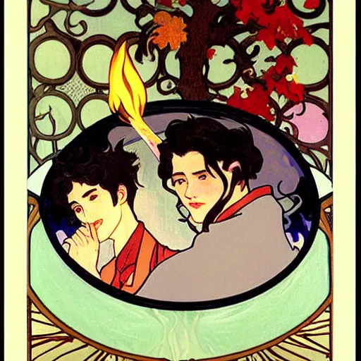 Image similar to painting of young cute handsome beautiful dark medium wavy hair man in his 2 0 s named shadow taehyung and cute handsome beautiful min - jun together at the halloween! party, bubbling cauldron!, candles!, smoke, autumn! colors, elegant, wearing suits!, delicate facial features, art by alphonse mucha, vincent van gogh, egon schiele